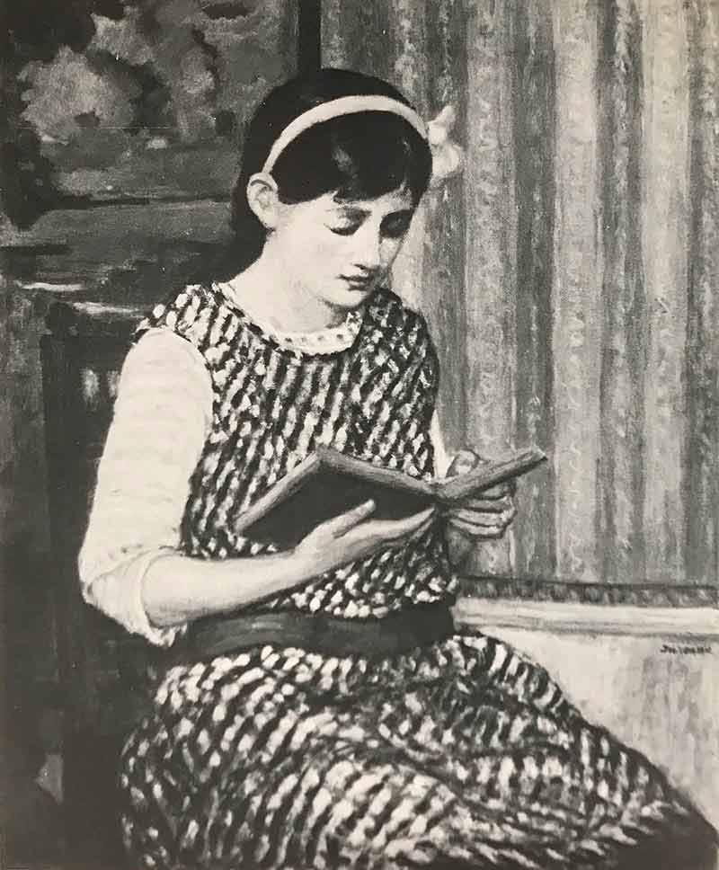 Girl reading a book whilst sitting in room with vertical striped wallpaper and dado rail. The girl is wearing a sleeveless dress and headband with bow.